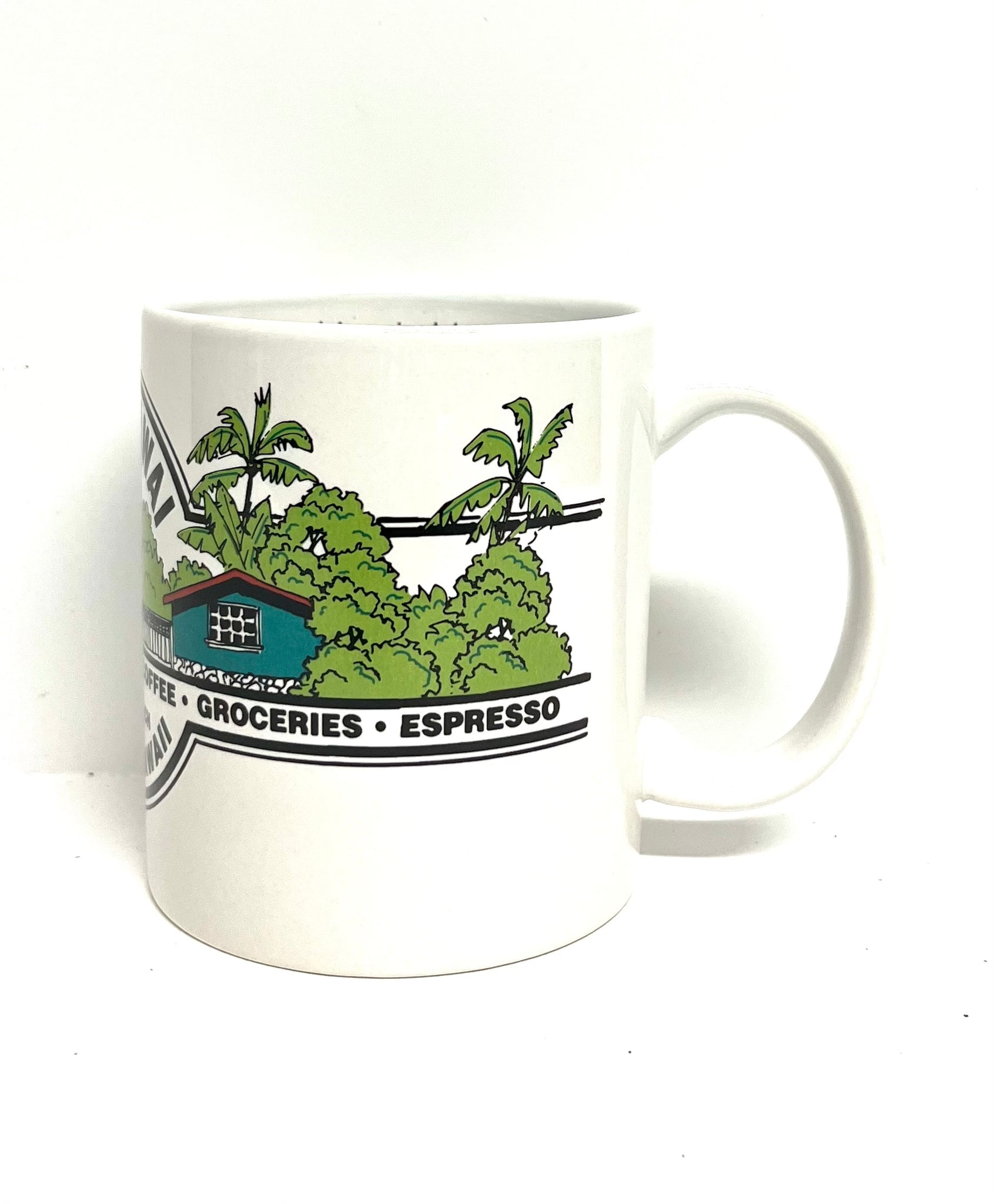 White coffee mug with Kalapawai storefront on the front