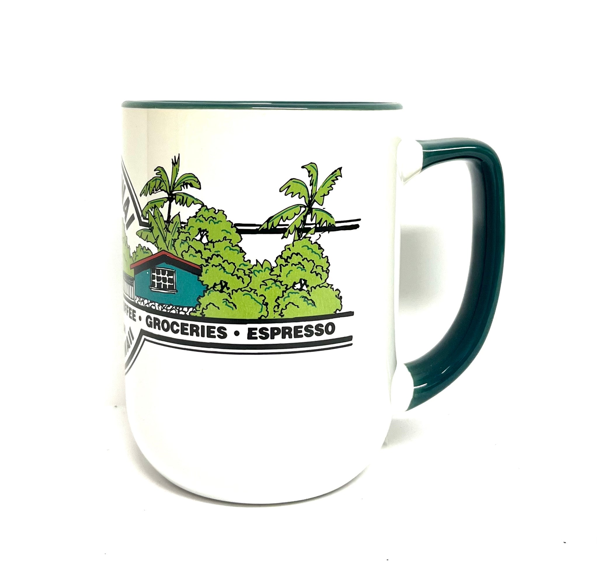 White and green coffee mug with Kalapawai storefront pictured on front